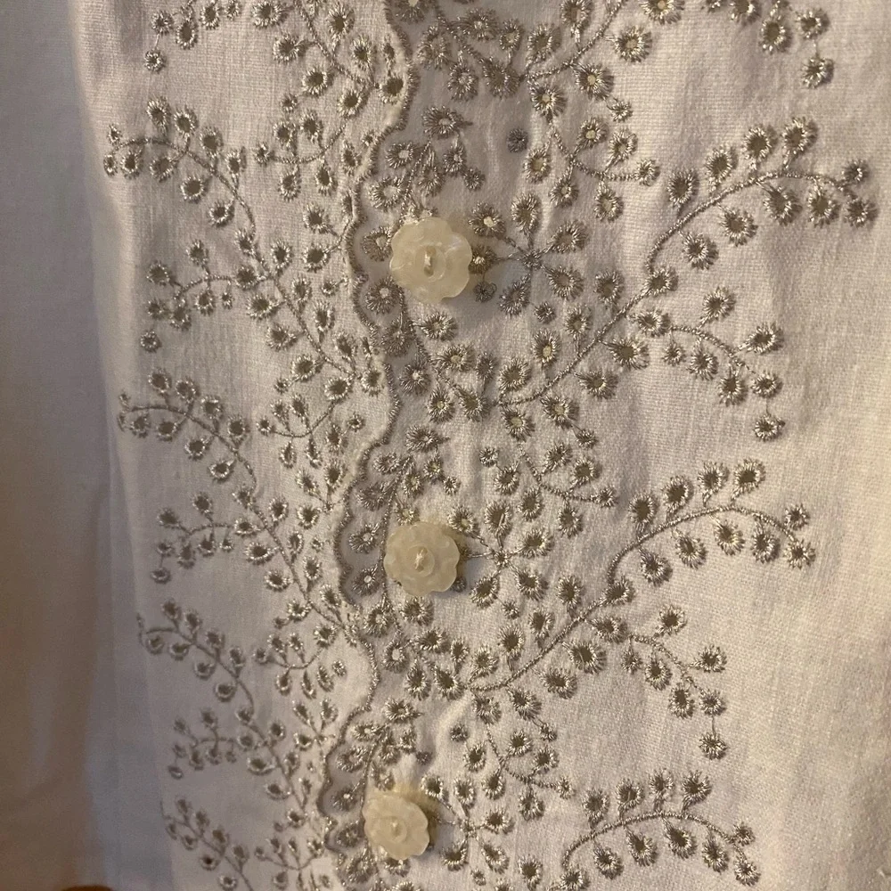 SUSAN GRAVER STYLE White Silver Metallic Eyelet Jacket Blazer Linen Blend Medium - Picture 2 of 8